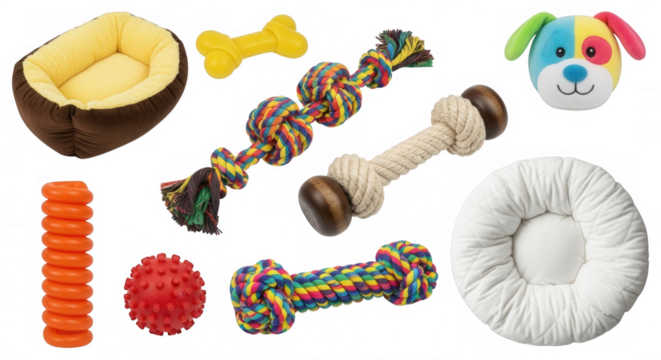 Colorful canine comfort and play items isolated on a transparent background