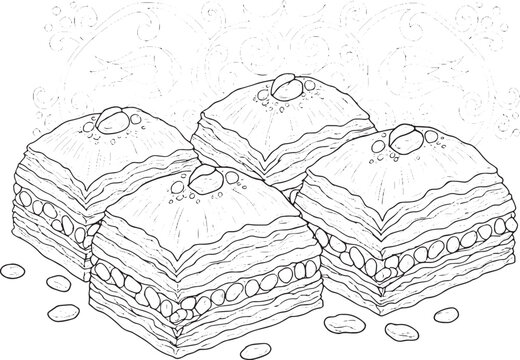 Elegant black and white baklava illustration with decorative tur