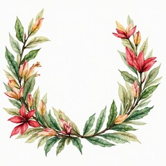 Naklejka premium Elegant watercolor floral wreath with red and peach blossoms, ideal for wedding invitations, branding, and decorative design.