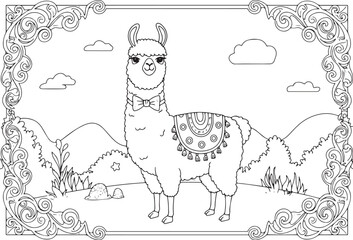 Obraz premium Adorable Alpaca Coloring Page with Ornamental Frame and Landscap