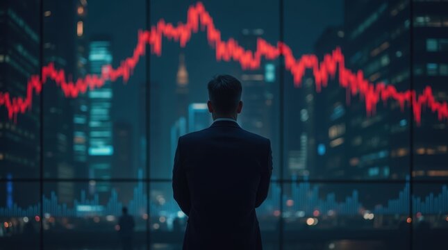 A businessman staring at a sharply declining red stock market graph.
