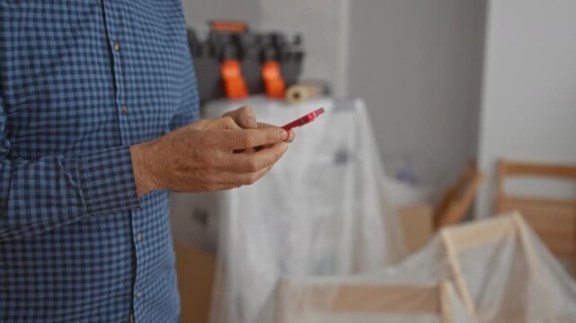 Mature man using a mobile phone in a new home living room surrounded by unpacked furniture during renovation.