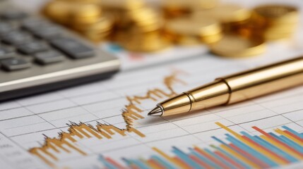 Financial growth with charts, golden coins, calculator, and elegant pen on documents showcasing investment trends and economic data for business success