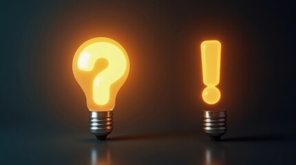 A glowing lightbulb connecting a question mark to an exclamation point.
