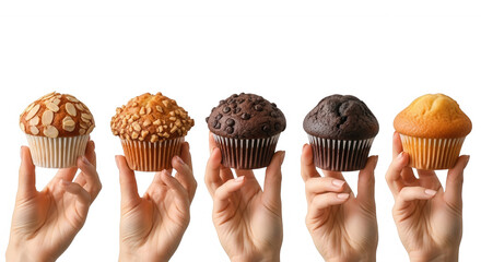 Five assorted muffins held by hands isolated on a transparent background