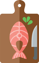 Fresh salmon steak on wooden board with knife preparation vector