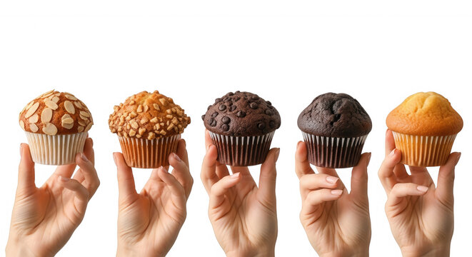 Five assorted muffins held by hands isolated on a transparent background