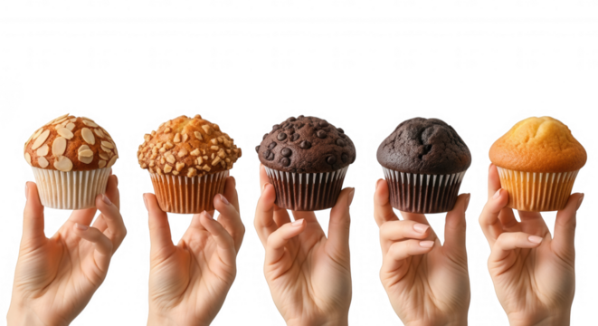 Five assorted muffins held by hands isolated on a transparent background