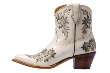 Elegant white leather cowboy boot with intricate floral embroidery and a stylish wooden heel isolated on transparent background