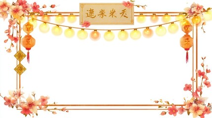 Obraz premium Festive chinese new year border with blooming cherry blossoms and traditional lanterns illuminated by string lights