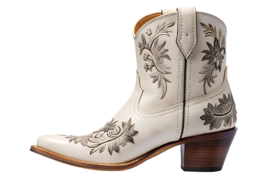 Elegant white leather cowboy boot with intricate floral embroidery and a stylish wooden heel isolated on transparent background