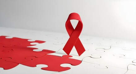  red ribbon twisting and connecting like a puzzle piece into a larger, incomplete structure. The background is clean, white, and abstract. The ribbon is made of a soft, World AIDS Day