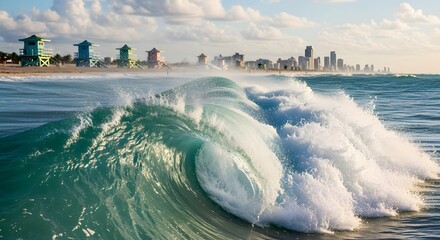 Crashing Wave with Miami Beach Skyline and Lifeguard Stands
