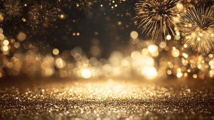 Magical golden bokeh lights and sparkling fireworks create a festive and celebratory atmosphere for new year s eve