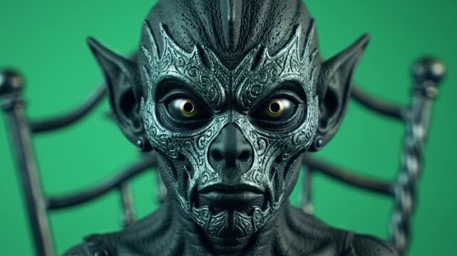 Intriguing close-up shot of a creature. It has striking features, including detailed facial patterns and piercing eyes