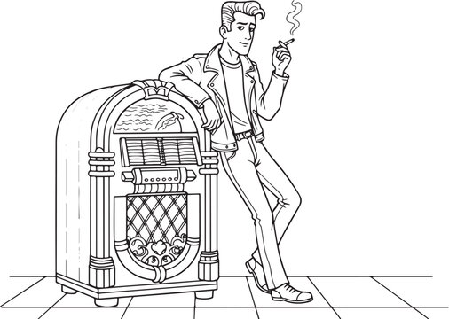 Charming greaser illustration leaning against jukebox with a smo