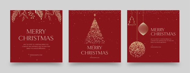 Elegant Christmas Social Media Post Template with Gold Botanical Illustrations on Red Background