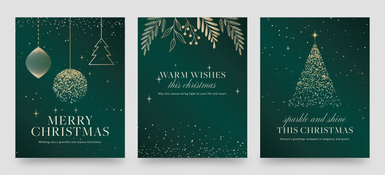 Elegant Christmas Flyer Template with Gold Sparkle Ornaments and Tree on Green Background