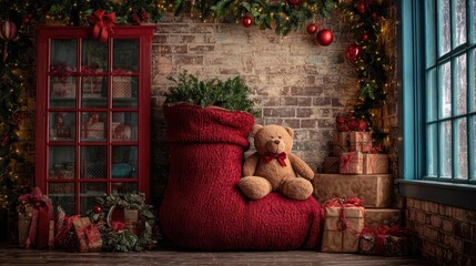 Cozy christmas scene with a teddy bear sitting in a large red knitted stocking next to presents and a brick wall