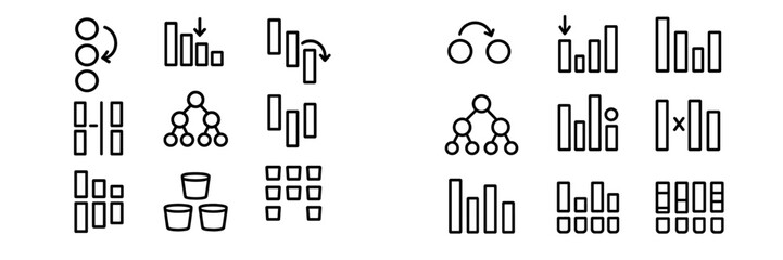 Simple line icons representing various data visualization techniques for presentations or reports in a minimalistic style