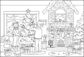 Fototapeta premium Festive holiday spirit depicted through a couple decorating a ch