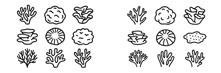 Various types of coral illustrations showcasing ocean biodiversity in a simple line art style