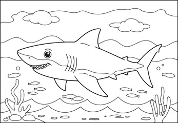 Obraz premium Coloring page of a smiling shark swimming underwater with fish a