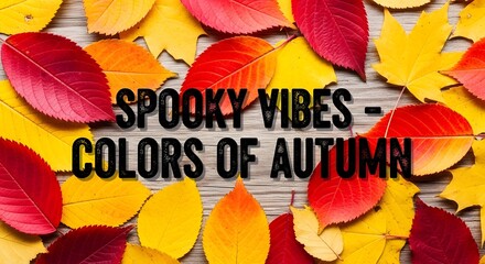 A vibrant collection of colorful autumn leaves scattered on weathered wood