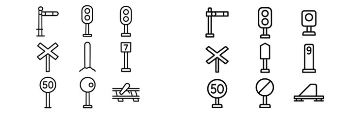 Various traffic and signaling icons representing road and rail signs used for navigation and safety in urban environments