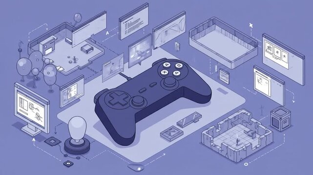 Isometric illustration depicts a game controller amidst game environments, UI elements, and input devices in a blue color scheme