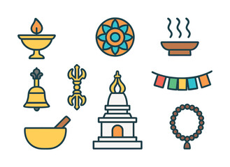 Vector Buddhist symbols: vajra, prayer flags, oil lamp, temple, bell, offering bowl, rosary beads