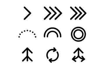 Variety of directional arrows and patterns in black on a white background for graphic design elements