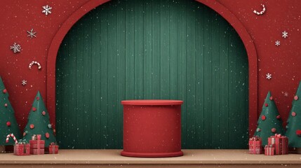 Festive christmas scene with a red podium in front of a green wooden door surrounded by decorated trees and gifts