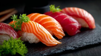 Fresh Sushi Selection on Slate Plate with Various Fish Ingredients and Green Garnish, Ready to Serve in Japanese Cuisine Setting
