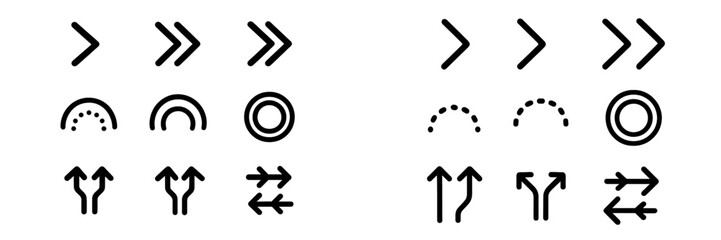 Simple line art symbols showcasing various directional and circular designs used in graphics and signage