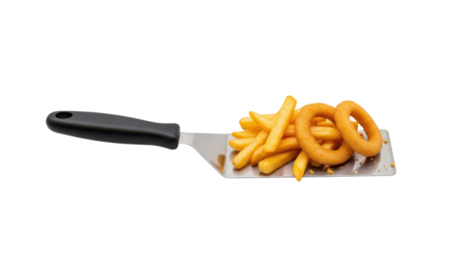 A spatula holding a pile of french fries and onion rings on a transparent background view