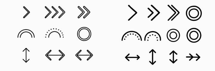 Various simple arrow and circle shapes in black and white suitable for design or illustration purposes