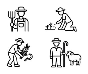 Vector Line art illustrations of farming activities with farmers and sheep
