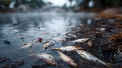 Fototapeta premium Dead fish float on the surface of a murky polluted body of water near the muddy shore