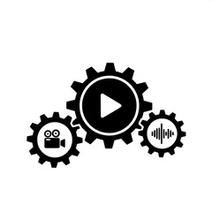 Integrated video and audio editing workflow symbol with camera, sound wave, and play icons inside gears