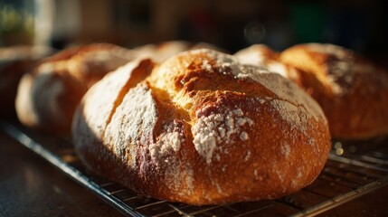 Freshly Baked Loaves of Artisan Bread with Golden Crust on Cooling Rack Captured in Warm Natural Light for Culinary and Baking Enthusiasts