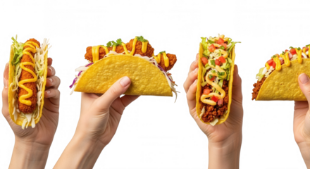 Hands holding tacos with toppings isolated on a transparent background