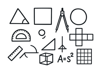 Obraz premium Vector Geometric tools and shapes illustration: circle, triangle, cube, compass, protractor, square