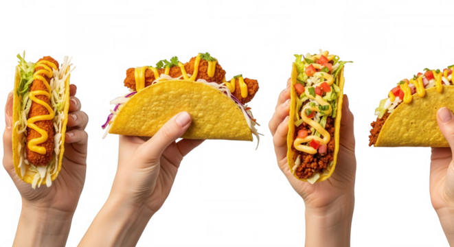 Hands holding tacos with toppings isolated on a transparent background