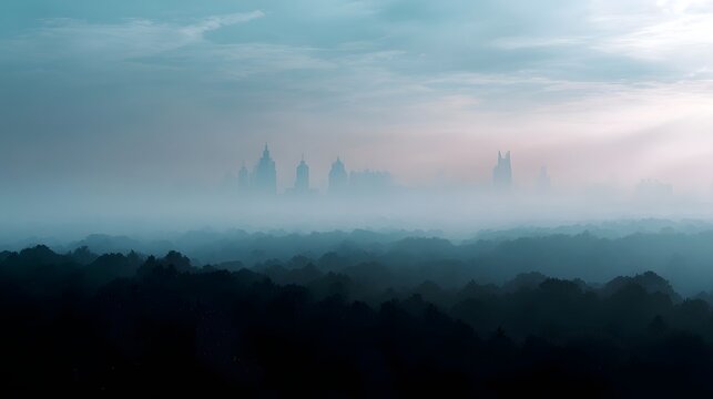 Fototapeta Distant city skyline silhouetted against a hazy sky viewed over a dark atmospheric forest landscape at dawn or dusk