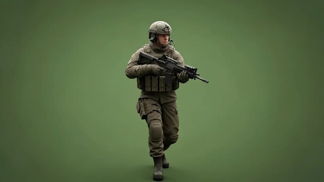 Soldier in tactical gear running with assault rifle on green background.