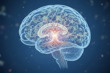 Glowing neural tree within a human brain representing neural connections and mental processes.