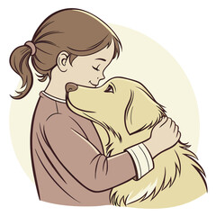 Young girl with closed eyes tenderly hugging her beloved golden retriever dog with affection and love