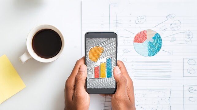 Venture capitalist's hands reviewing a startup pitch deck sleek smartphone and coffee on desk investment funding and fintech innovation concept