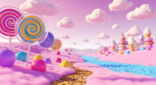 Candy Land Landscape with Lollipops and Dessert Mountains | Fantasy Sweet Dream World for Children's Books and Marketing